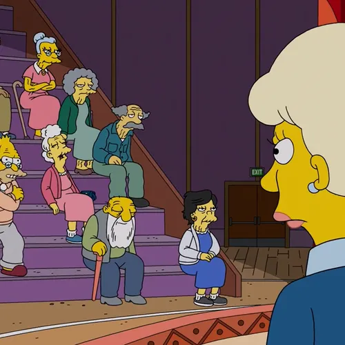 Grandma with black haired and blue Shirt